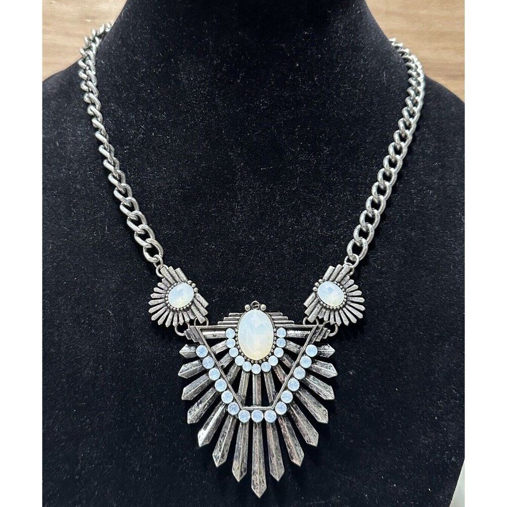 Silver Tone necklace rhinestones Glamour Statement Egyptian Indian Art Deco Boho
